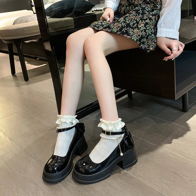 Pink Beaded Mary Jane Heels – Round Toe Platform Pumps with Square Heel, Spring/Autumn Party Shoes