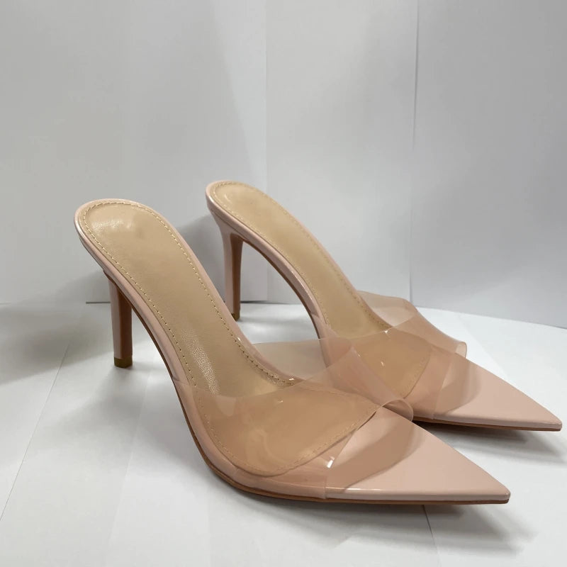 Transparent Pointed Stiletto Mules - Women's Clear High Heel Slip-On Sandals, 3.1 in (8 cm)