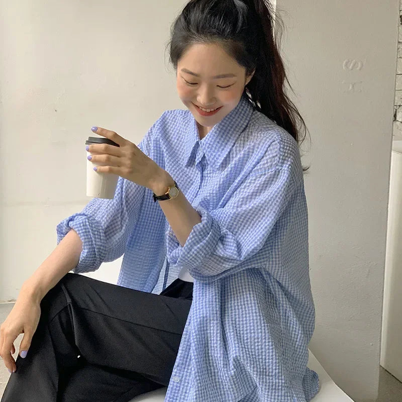 Korean Style Plaid Sunscreen Shirt for Women, Lightweight Loose Long Sleeve Single-Breasted Turn-Down Collar