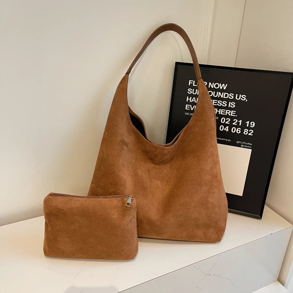 Faux Suede Bucket Bag Large Shoulder Hobo Tote with Inner Pocket for Work and Travel