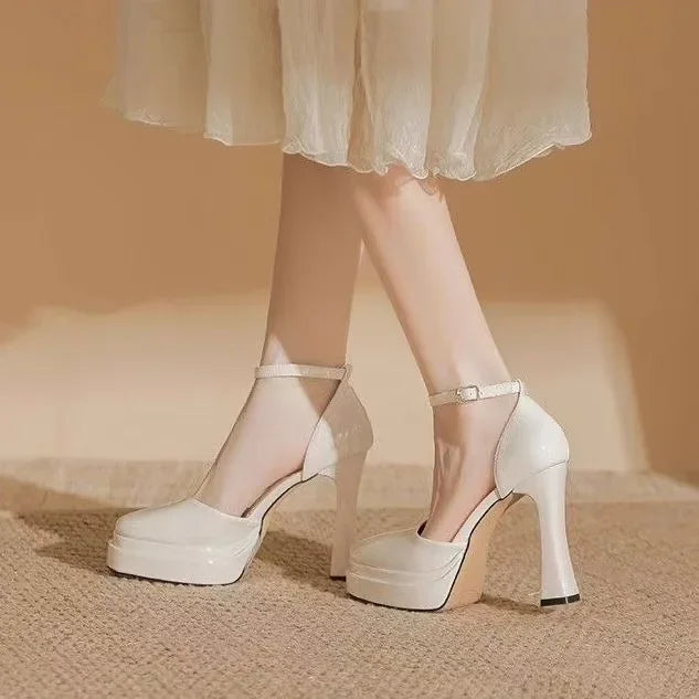 Women's Waterproof Patent PU Platform Sandals – 11 cm (4.3") Chunky Heel, Buckle Strap, White, EU 35-42