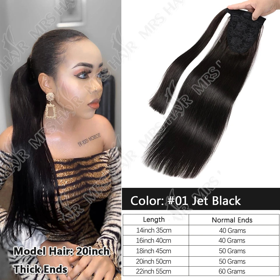 MRSHAIR 100% Remy Human Hair Clip-In Wrap-Around Ponytail Extension Straight — Blonde, Brown, Black
