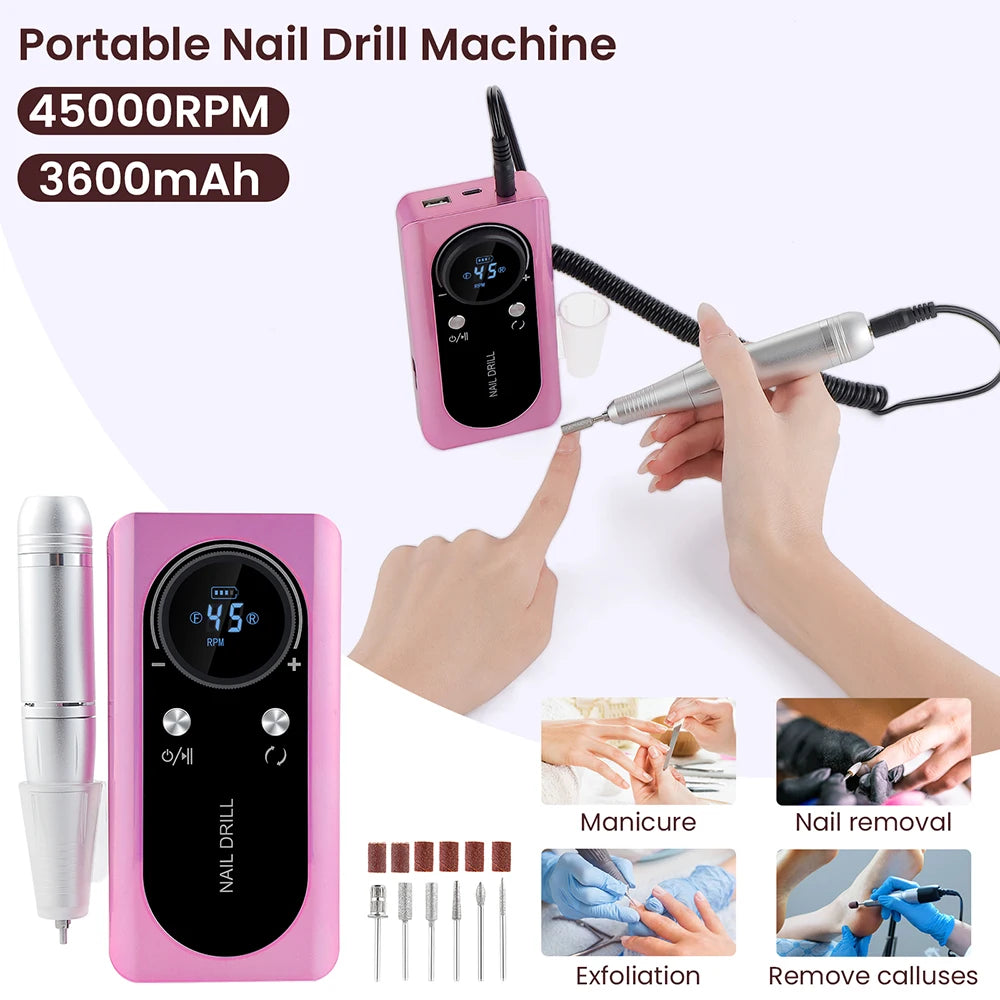 Rechargeable 45000RPM Portable Nail Drill Kit – Wireless Manicure & Pedicure Grinder with 6 Bits and 6 Sanding Bands