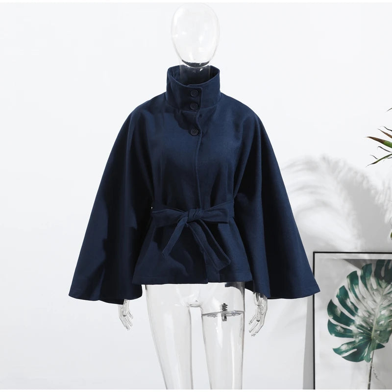 Faux Fur Cloak Jacket for Women – Stand Collar Three-Button Belted Wide-Sleeve Coat, Casual Chic Outerwear