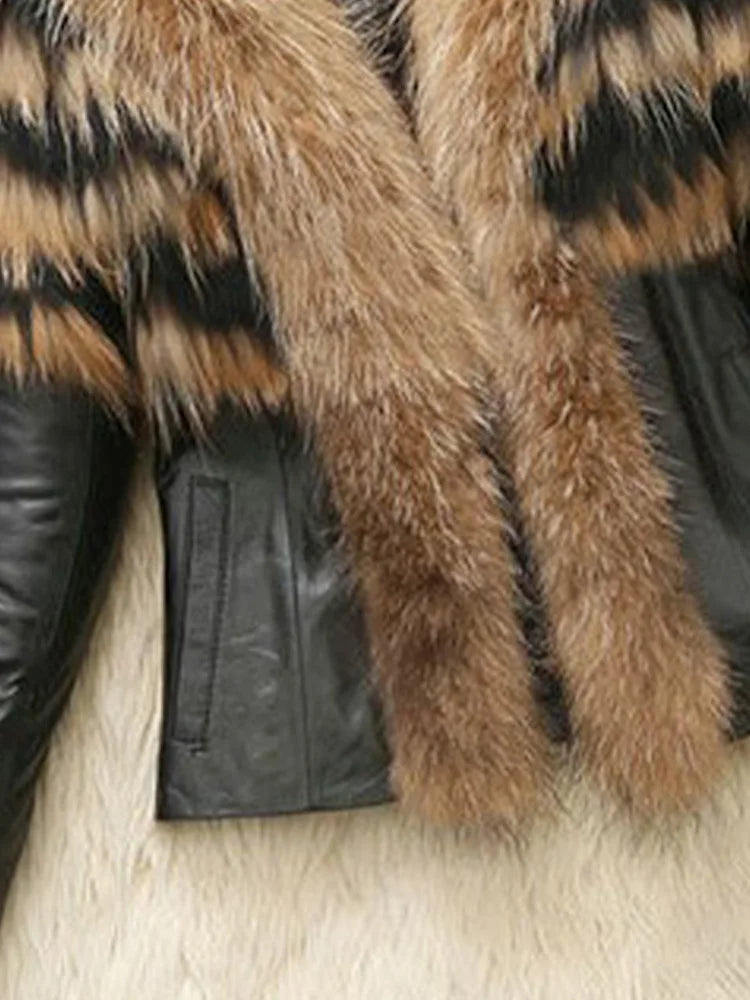 Women's PU Faux Leather Coat with Faux Raccoon Fur Trim Loose Streetwear Jacket Autumn Winter