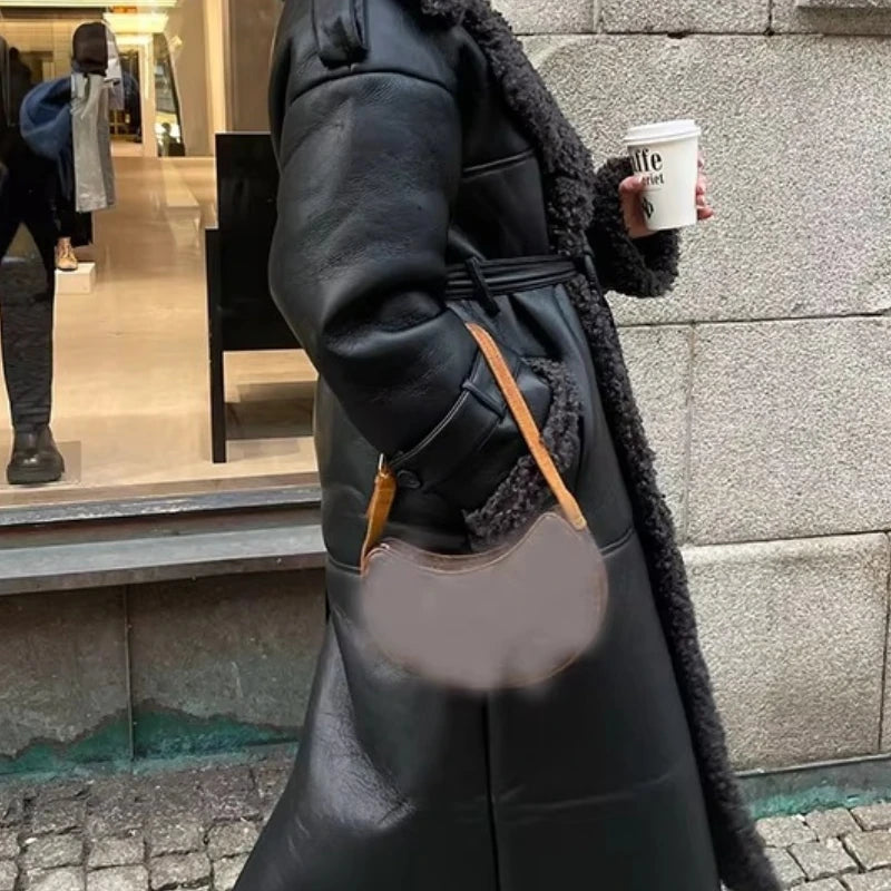 Women's Faux Fur Lined Faux Leather Long Coat – Lapel Belted Patchwork Winter Jacket