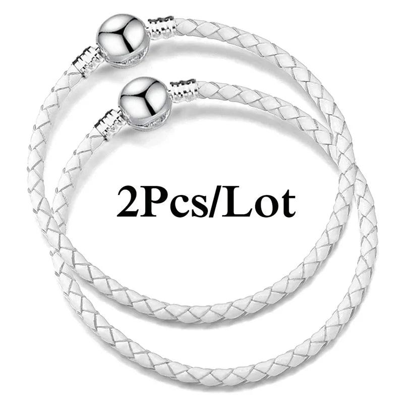 2-Pack Leather Chain Charm Bracelets with Beads – Handmade Couples Pulsera Jewelry (Unisex)