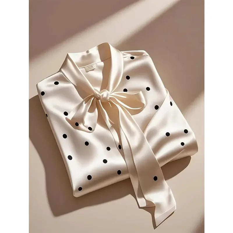 High-Quality Satin Polka Dot Blouse for Women — Lace-Up Bow Long Sleeve Office Casual Top