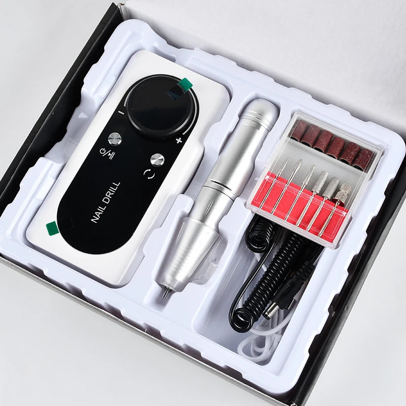 45000 RPM Rechargeable Electric Nail Drill Kit — Portable Nail File with LCD, 2600mAh Battery, 6 Bits & 6 Sanding Bands