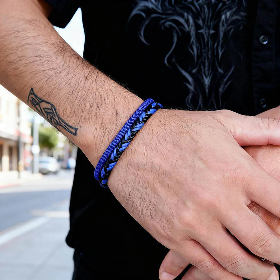 Men's Double-Layer Braided Leather Bracelet with Detachable Magnetic Buckle & Chain - Hiphop Street Armband