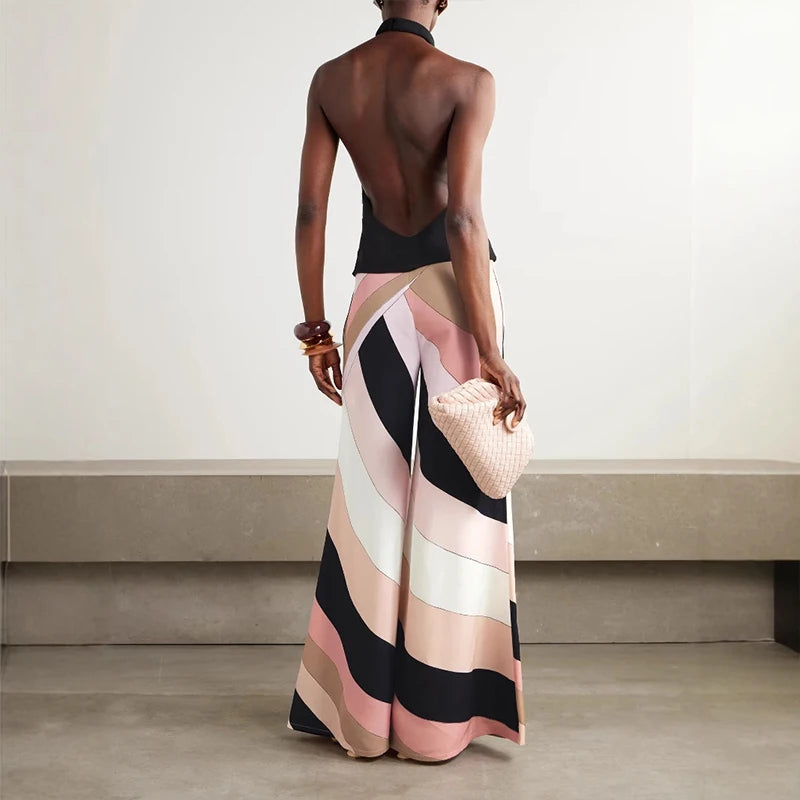 Vintage Contrast Sleeveless Wide-Leg Jumpsuit – Off-Shoulder Halter Backless Romper for Women