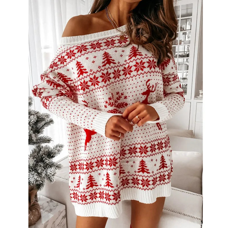 Women's Christmas Knit Sweater Dress - Long Sleeve Mini Holiday Party Dress, Warm Polyester