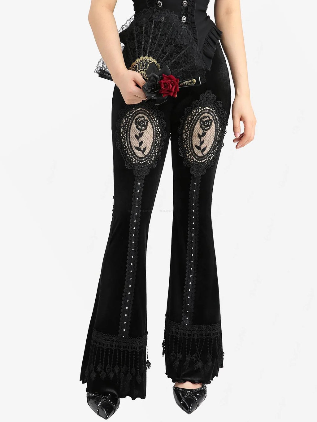 ROSE GAL Plus Size Gothic Mesh Rose Lace Applique Flare Pants — High-Waist Velvet Tassel Patchwork