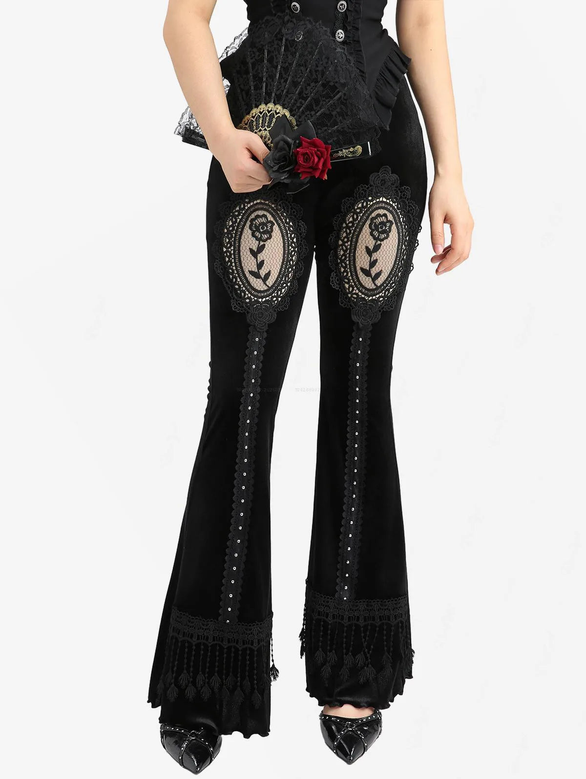 ROSE GAL Plus Size Gothic Mesh Rose Lace Applique Flare Pants — High-Waist Velvet Tassel Patchwork