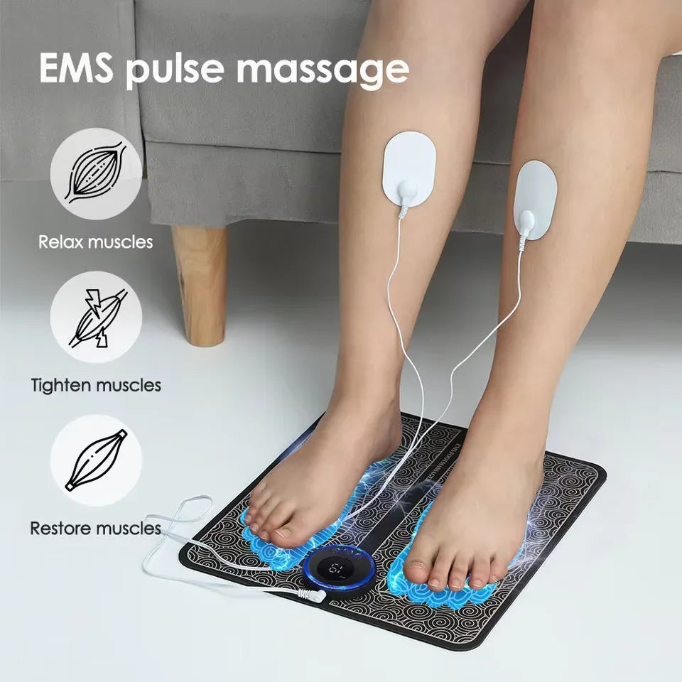 CAMMUO EMS Electric Foot Massager Pad, USB Rechargeable Muscle Stimulator for Foot Ankle & Calf — 6 Modes, 9 Intensities, Portable Foldable