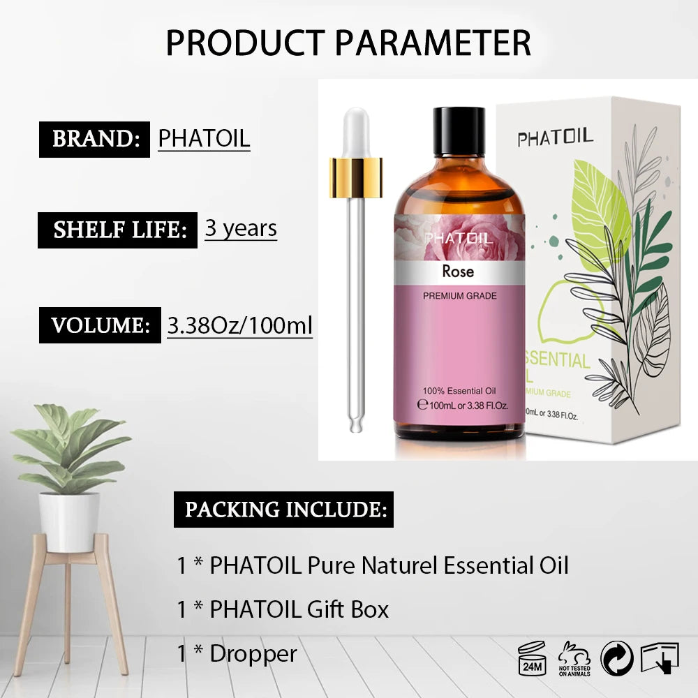 PHATOIL 100ml Pure Essential Oil – Lavender, Rose, Vanilla, Peppermint, Clove, Tea Tree, Ylang Ylang, Lemon Aromatherapy Diffuser Oil