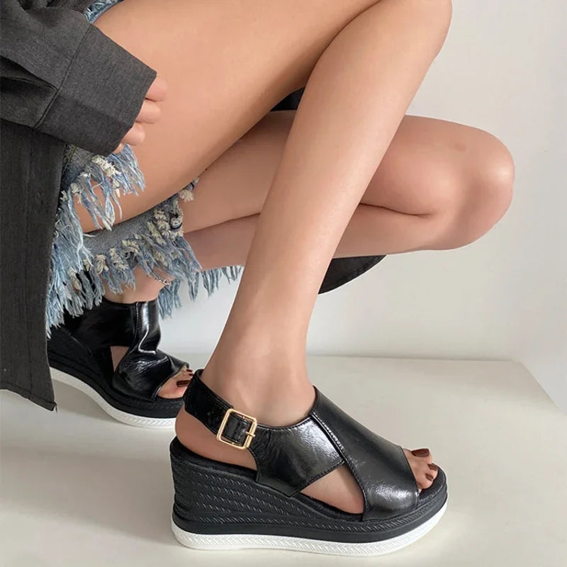 Women's Patent Leather Peep Toe Wedge Sandals – Buckle Strap Platform Heels (Gold, Silver, Black)