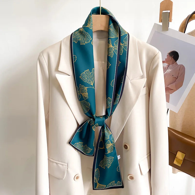 Women's Silk-Feel Printed Long Narrow Scarf 12 x 148 cm (4.7 x 58.3 in) - 50+ Colors | Headband & Shawl