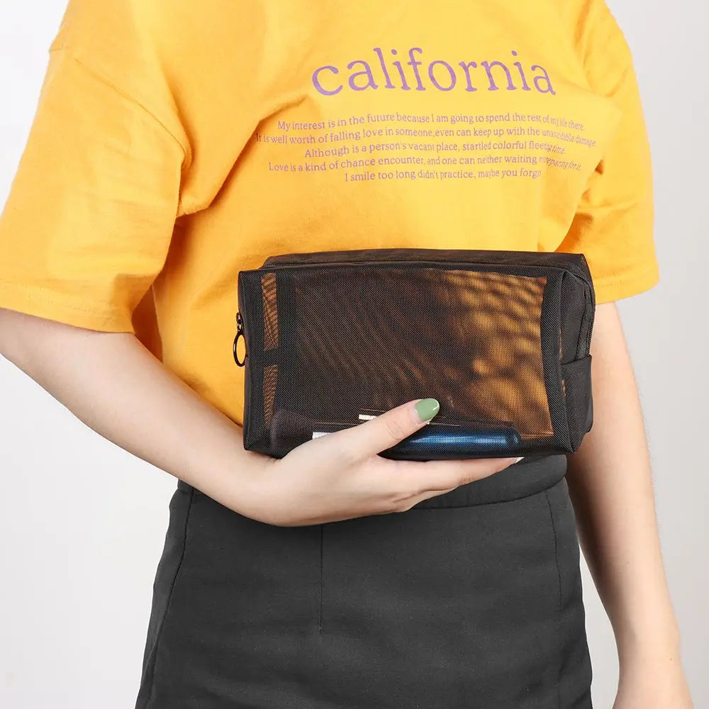 Black Mesh Travel Cosmetic Bag – Zipper Makeup & Toiletry Organizer for Women