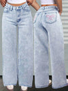 Girls' Pink Bow Embroidered Washed Denim Jeans – Cute Casual Pocket Design, Youth Sizes 8Y–16Y