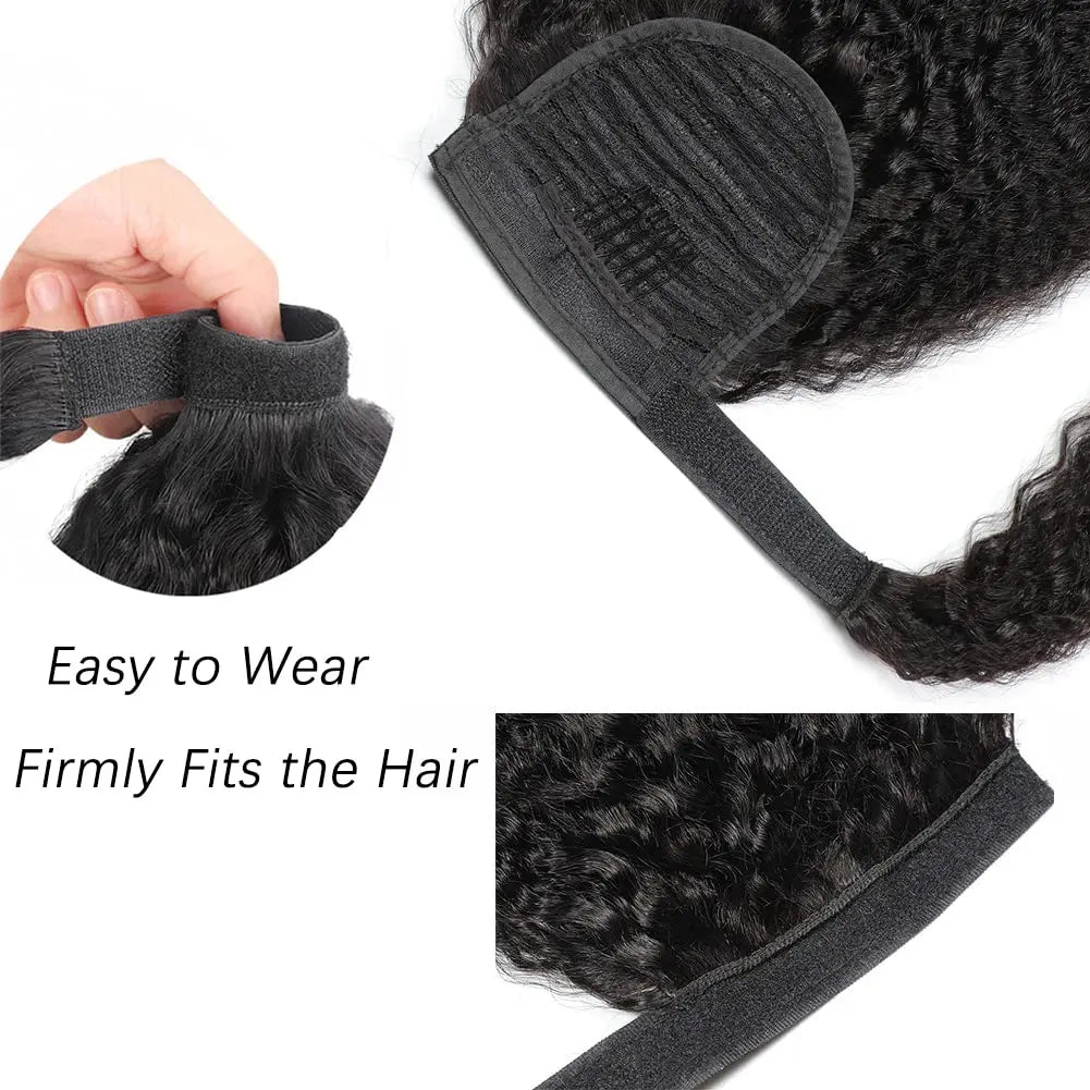 Kinky Straight Remy Human Hair Clip-In Wrap-Around Ponytail 100g, Natural Black #1B, 10–26 in (25–66 cm)