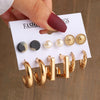 Gold Geometric Pearl Earrings Set — Vintage Metal Square & Round Dangle Studs for Women, Trendy Party Jewelry