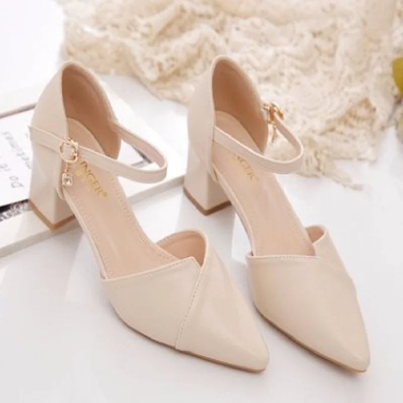 Women's Pointed Toe Square Heel Pumps – Comfortable Faux Leather Buckle Strap Heels (3–5 cm) for Office & Party