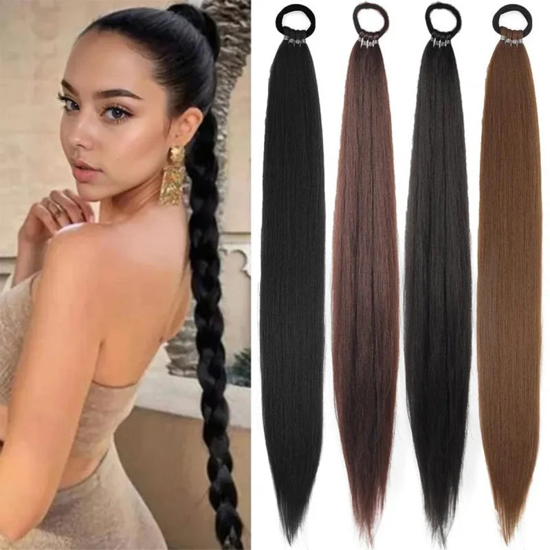 28 Inch Synthetic Straight Ponytail With Elastic Hair Rope Hair Extensions Fashionable For Daily Use Party Hair Accessories