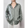 Korean Slim Satin Blouse for Women, Office Casual Long Button Shirt Solid Multicolor