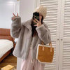 Women's Stand Collar Faux Fur Patchwork Jacket, Short Leather-Style Outerwear, Long Sleeve Autumn Winter Coat