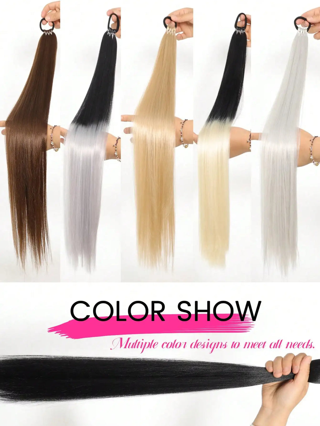 YELOWTIM 28-Inch (70 cm) Synthetic Ponytail Extension with Elastic Band – Straight Braided DIY Hair Piece, Black/Brown