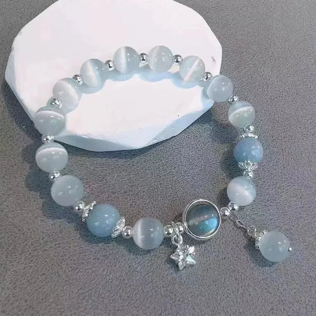Dreamy Blue Moonstone Cat Eye Pendant Crystal Bead Bracelet – Trendy Party Jewelry Gift for Women