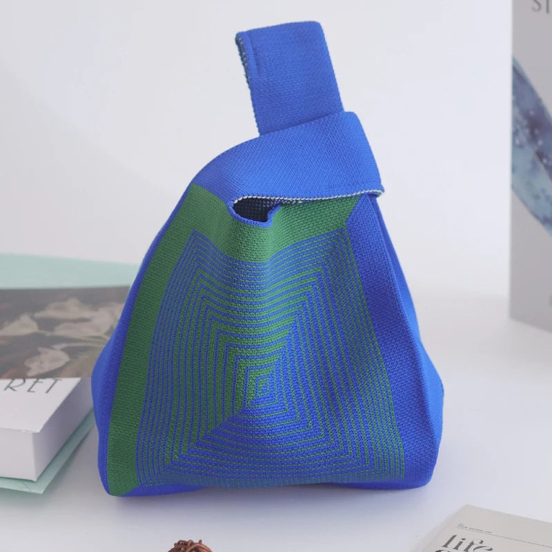 Handmade Knitted Knot Wrist Bag - Striped Mini Tote for Women, Large-Capacity Phone Bucket, Autumn Winter Casual