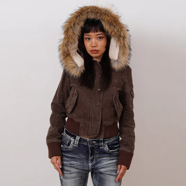 Vintage Brown Short Stand Collar Jacket for Women - Slim Full-Sleeve Detachable Fur Collar Autumn Winter Outerwear