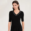 Women's V-Neck Wool Ribbed Pullover Sweater - Lightweight Mid Sleeve, Regular Fit Casual Knit