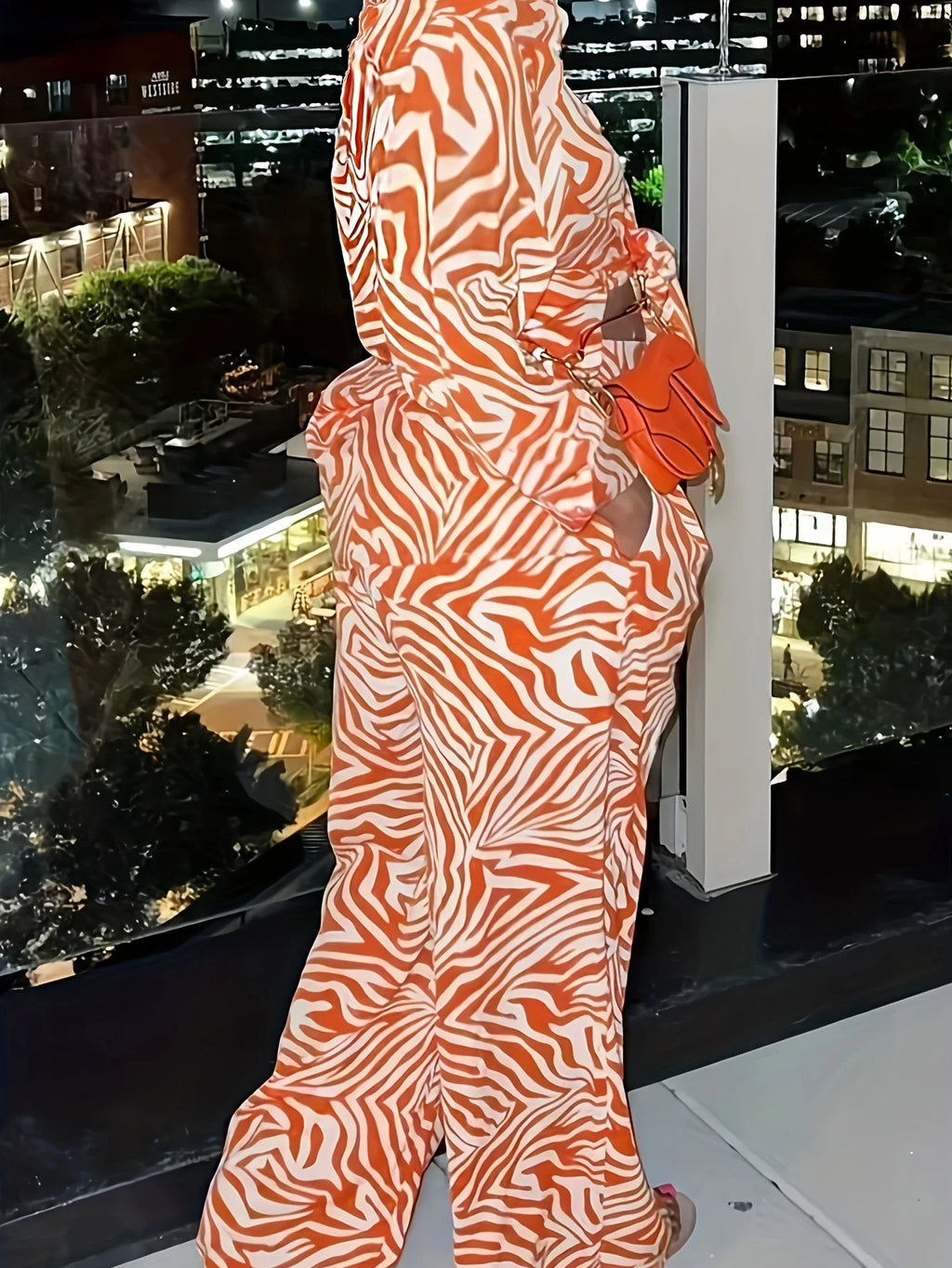 Plus Size Orange Patterned 2-Piece Shirt Set – High-End Casual Blouse & Top