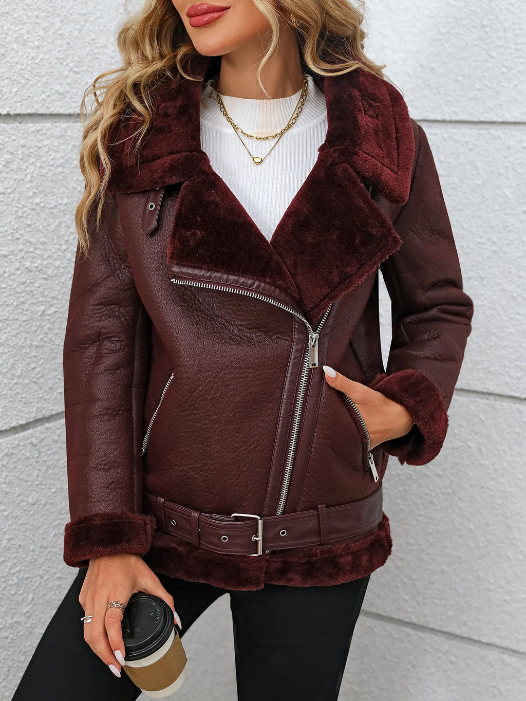 Fitaylor Women's Faux Fur Lined Faux Leather Motorcycle Jacket - Thick Warm Winter Coat