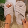 Women Corduroy Cross-Strap Plush Indoor Slippers - Soft Warm Flat Slides with EVA Sole, All-Season Home Shoes