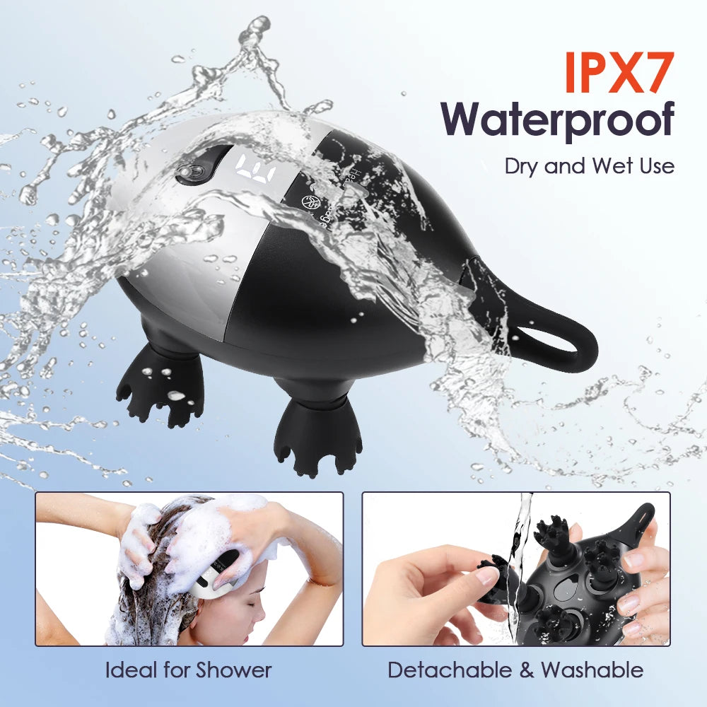 Electric Scalp Massager with 4 Kneading Heads – Rechargeable IPX7 Deep Tissue Head & Body Massager with Red Light Therapy for Hair Growth and Pet Use