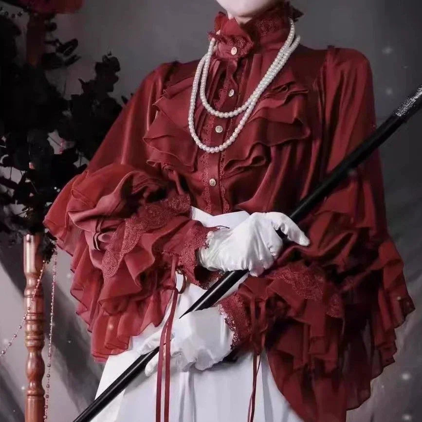 Kawaii Lolita Blouse for Women – Vintage Lace Patchwork Lantern Sleeve Top, Y2K Aesthetic JK Cosplay