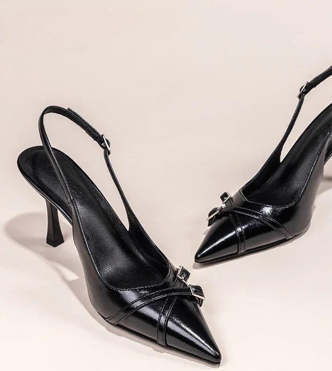 Black Pointed Toe Stiletto Heels with Crystal Buckle - Women's Summer Party Sandals