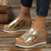 Women's Patent Leather Peep Toe Wedge Sandals – Buckle Strap Platform Heels (Gold, Silver, Black)