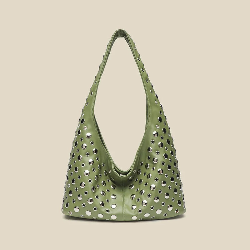 Women's Punk Metal Rivet PU Suede Bucket Shoulder Bag Underarm Tote Motorcycle Chic