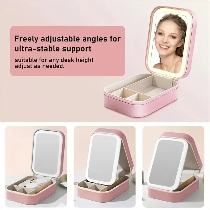 Foldable USB LED Makeup Mirror, Touch Control, 1X/10X Magnification, Adjustable Brightness, Pink Faux Leather Travel Cosmetic Organizer