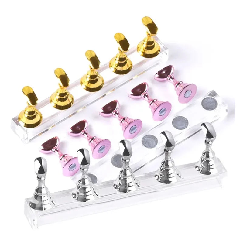 5-Pack Magnetic Nail Tip Holders with Acrylic Base – Gold Silver Rose Gold Nail Art Display Stand for Gel Polish Manicure