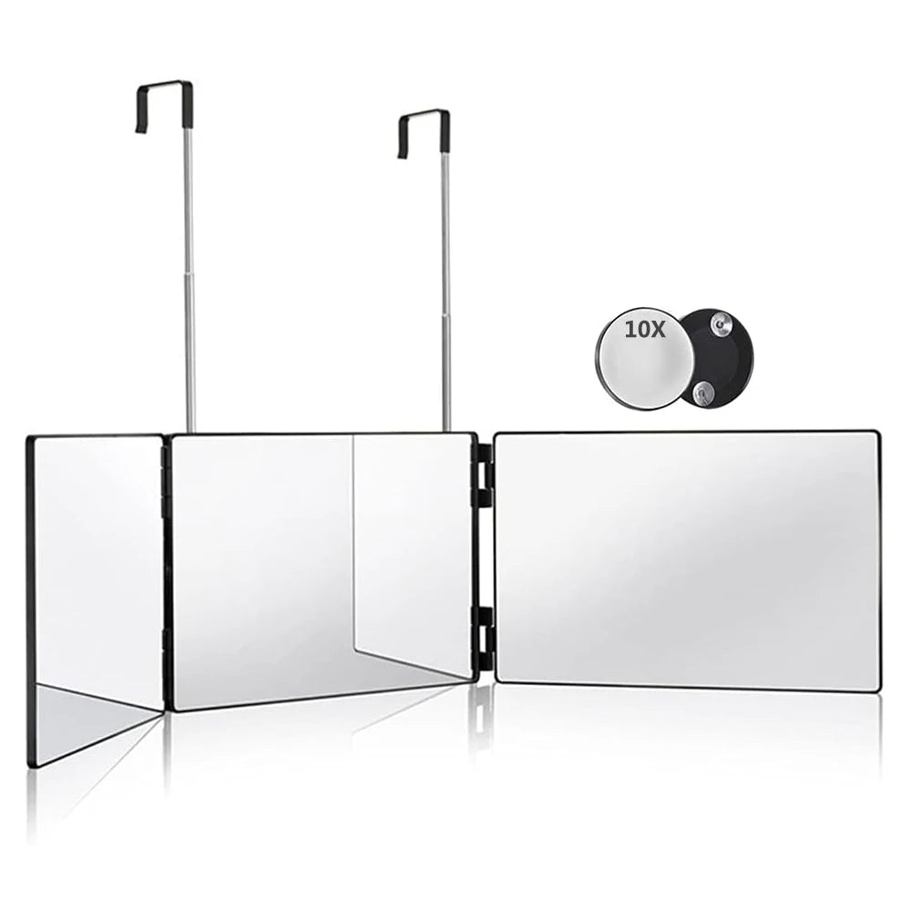 360° Trifold Travel Makeup Mirror with Height-Adjustable Telescoping Hook — Portable Foldable Vanity Mirror for Self Hair Cutting & Styling