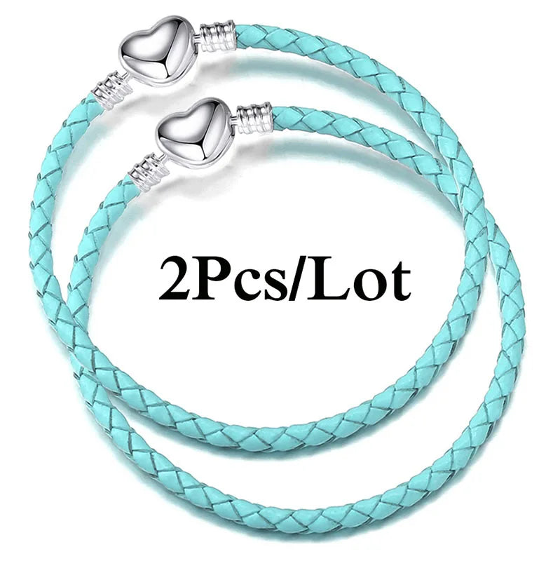 2-Pack Leather Chain Charm Bracelets with Beads – Handmade Couples Pulsera Jewelry (Unisex)