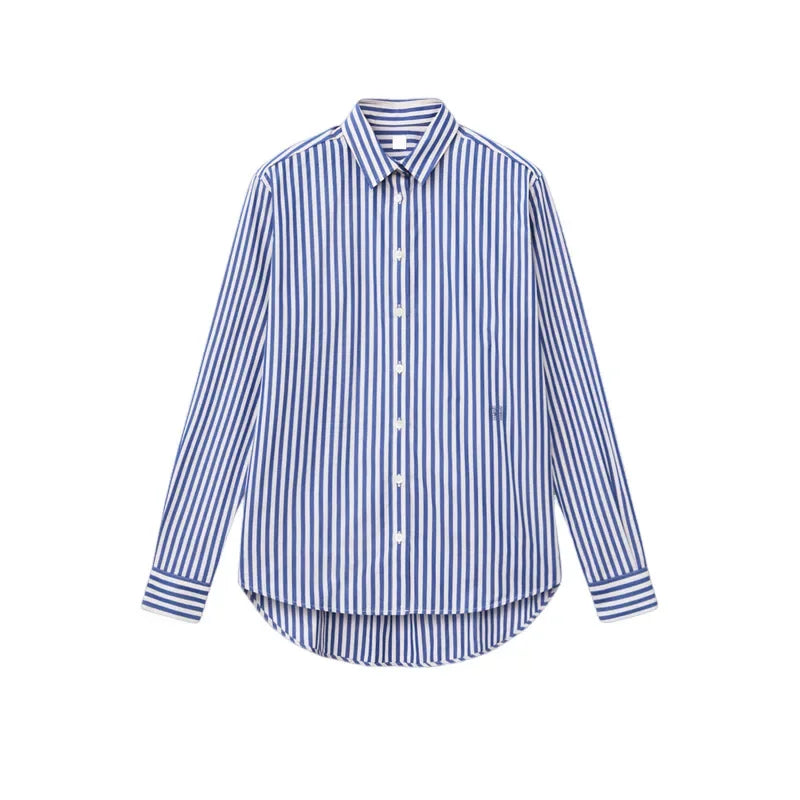 Women's Vertical Striped Shirt - Loose Long-Sleeve Button-Up Blouse with Asymmetric Hem, Office Commuter Style