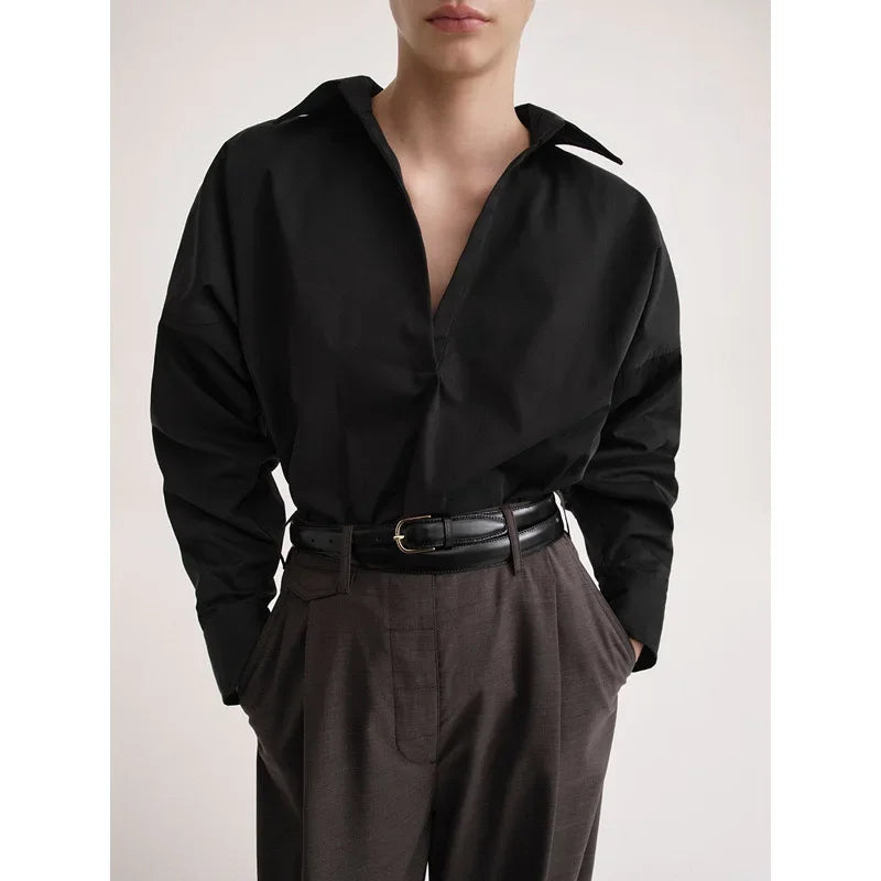 Women's Vertical Striped Shirt - Loose Long-Sleeve Button-Up Blouse with Asymmetric Hem, Office Commuter Style