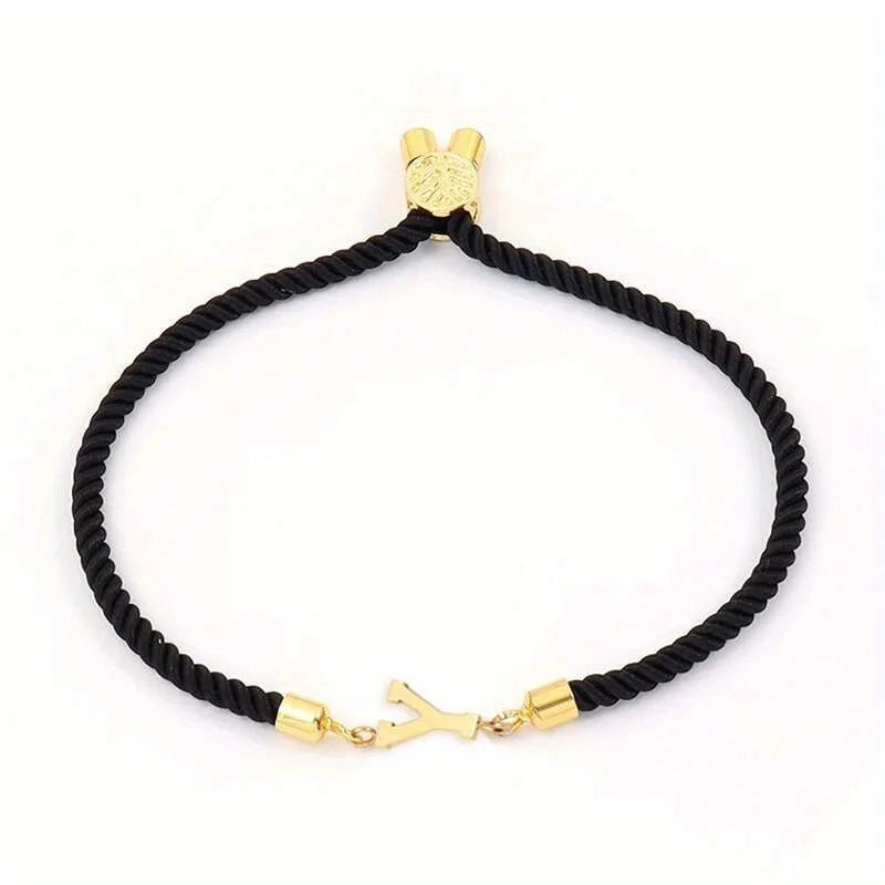 Black Letter Bead Rope Bracelet for Women – Simple Classic Hand-Knot Rope Jewelry with Stainless Steel Accent